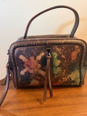 Multicolor Floral-Print Leather Satchel with Stud Trim